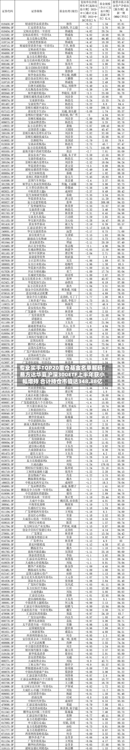 专业买手TOP20重仓基金名单解码：易方达华夏沪深300ETF上半年获小幅增持 合计持仓市值达348.88亿
