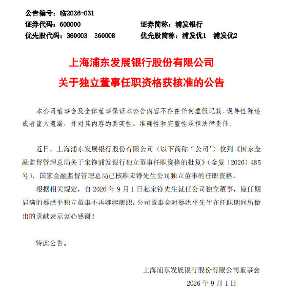 浦发银行：宋铮独立董事的任职资格获核准
